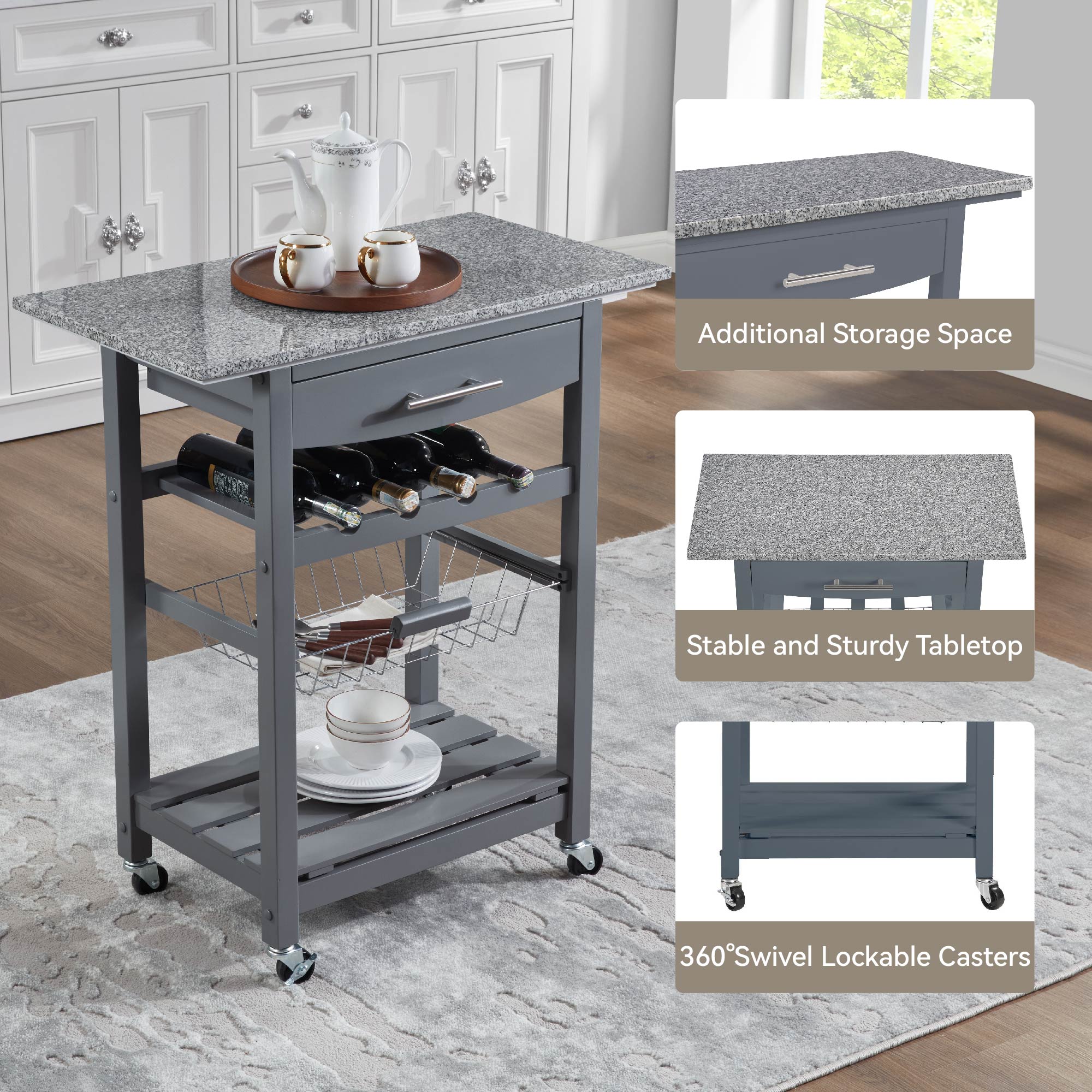 Mobile Rolling Kitchen Island Trolley Serving Cart With Underneath Drawer & Slide-Out Wire Storage Basket_voghion.com